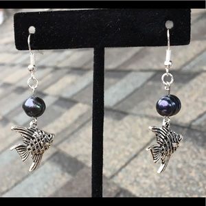 Black Pearl Angelfish Dangle Earrings